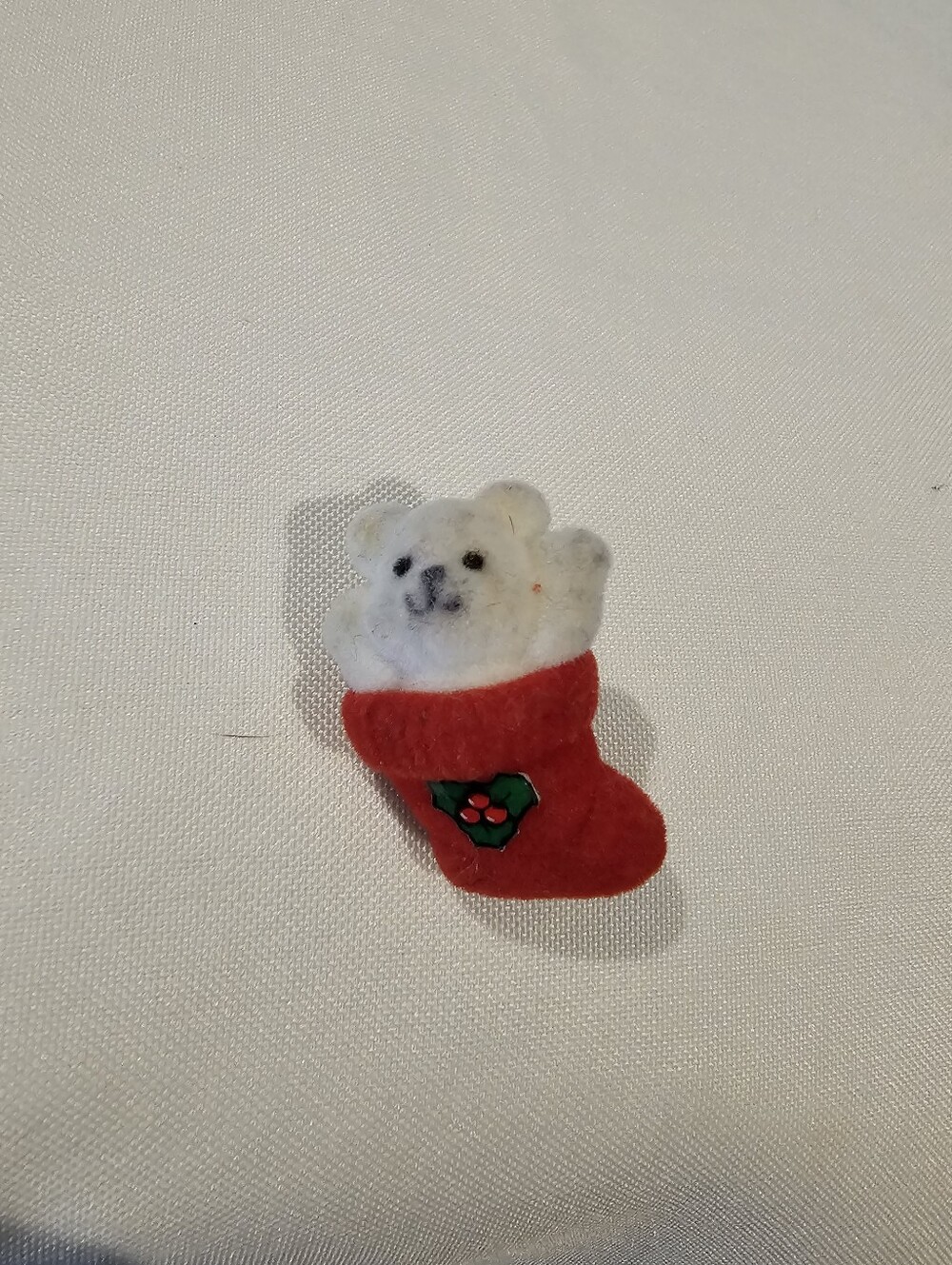 Vintage Felt Plush White Bear in Red Holiday Stocking Brooch